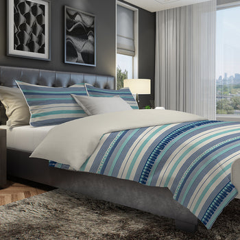 Kingham Contemporary Boho Blue Stripes Duvet Cover Set with Pillow Sham